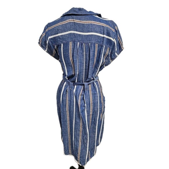 Pilcro by Anthropologie Linen Blend Belted Shift Dress Blue Stripe Women’s Sz 12 - Picture 2 of 10